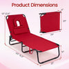 Folding face down tanning chair in red with adjustable backrest and three removable pillows, perfect for outdoor.