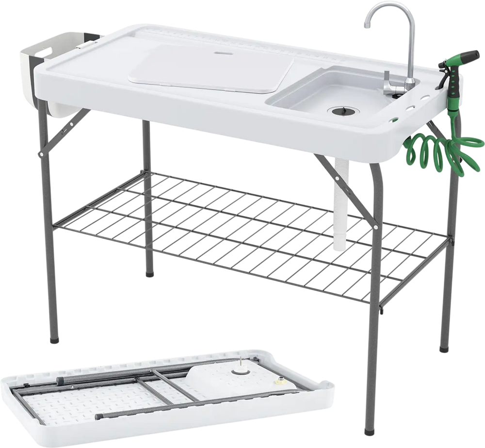 2 in 1 Folding Fish Cleaning Table with Sink and Faucet for Patio BBQ