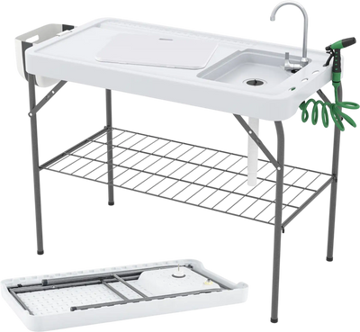 Costway 2-in-1 Folding Fish Cleaning Table w/ Sink & Faucet Patio BBQ Chair 76512943 New