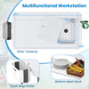 Folding fish cleaning table with sink, measuring 42.5" x 22.5", features trash bag holder and bottom mesh rack for BBQ.