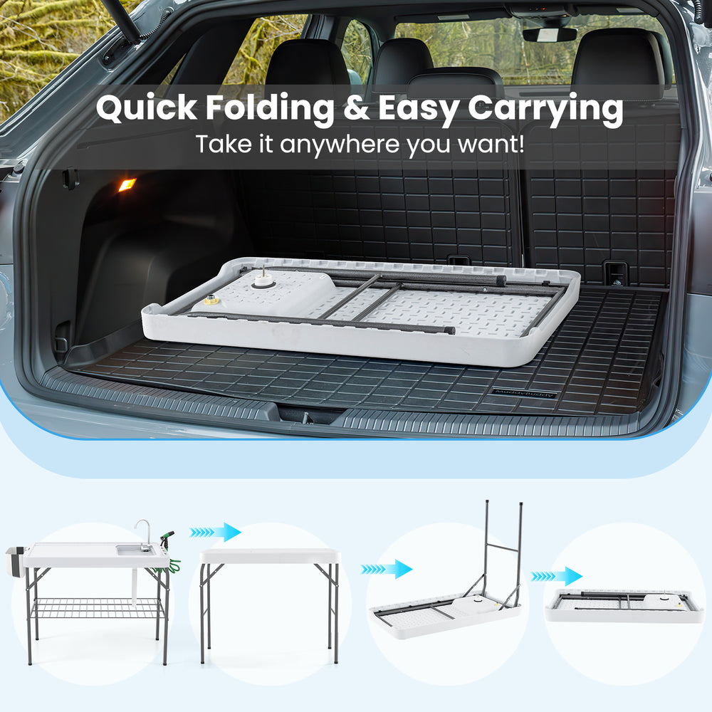 Folding fish cleaning table with sink, 42.5" x 22.5" HDPE top, and side trash holder for BBQ convenience.