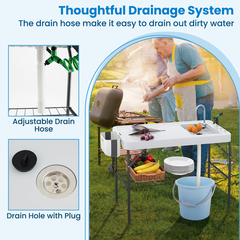 Folding fish cleaning table with sink, adjustable drain hose, and ample workspace for BBQ and fish preparation.