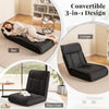 Convertible black floor chair shown in lounger position, featuring 14-level adjustable backrest for versatile comfort.