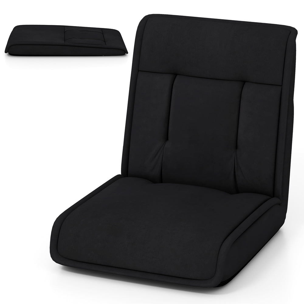 Black folding floor chair with 14-position adjustable backrest, ideal for gaming, reading, or napping.