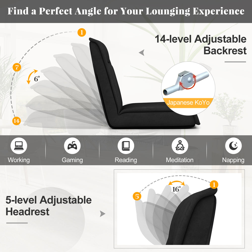 Folding floor chair with 14-position adjustable backrest and 5-level headrest, ideal for gaming and relaxation.