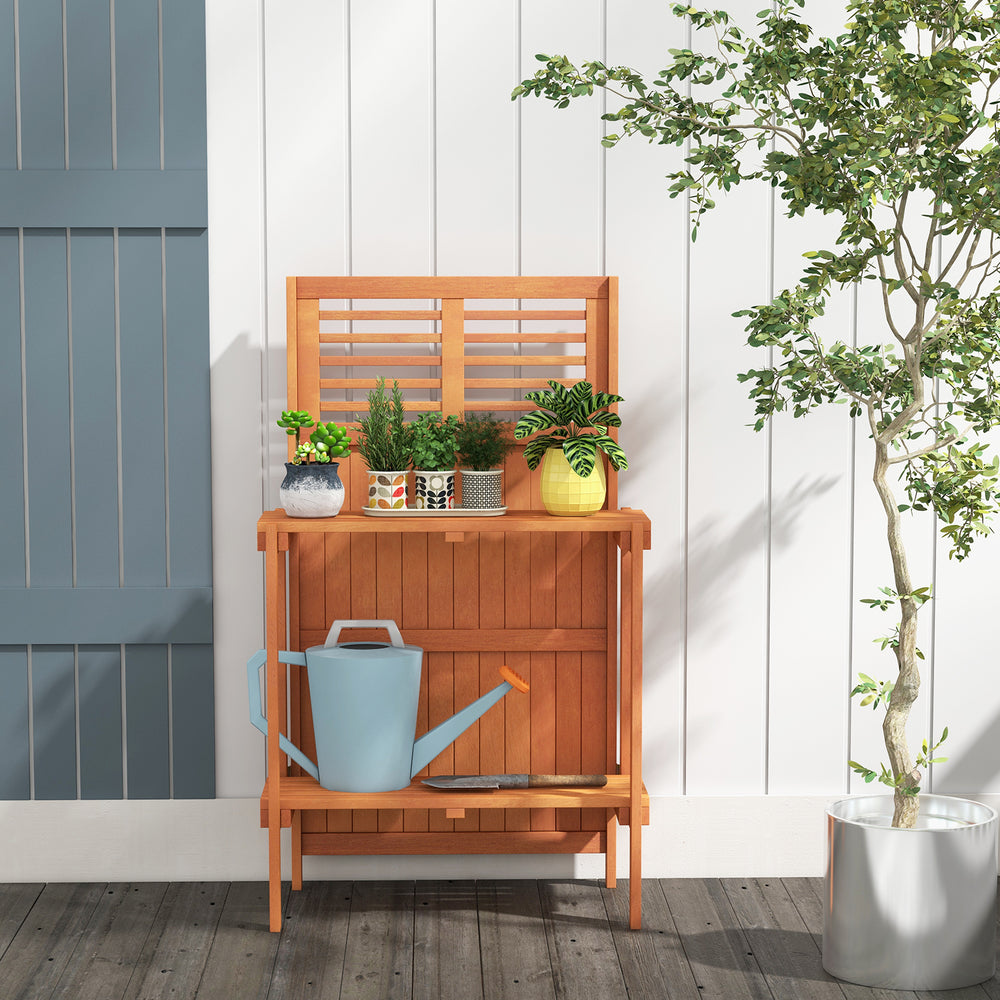 Folding garden potting bench showcasing a slatted back design, perfect for organizing plants and tools in outdoor.