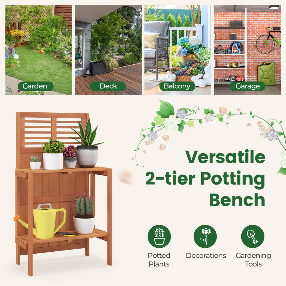 Folding 2-tier potting bench with teak oil finish, ideal for potted plants and garden tools on balconies or decks.