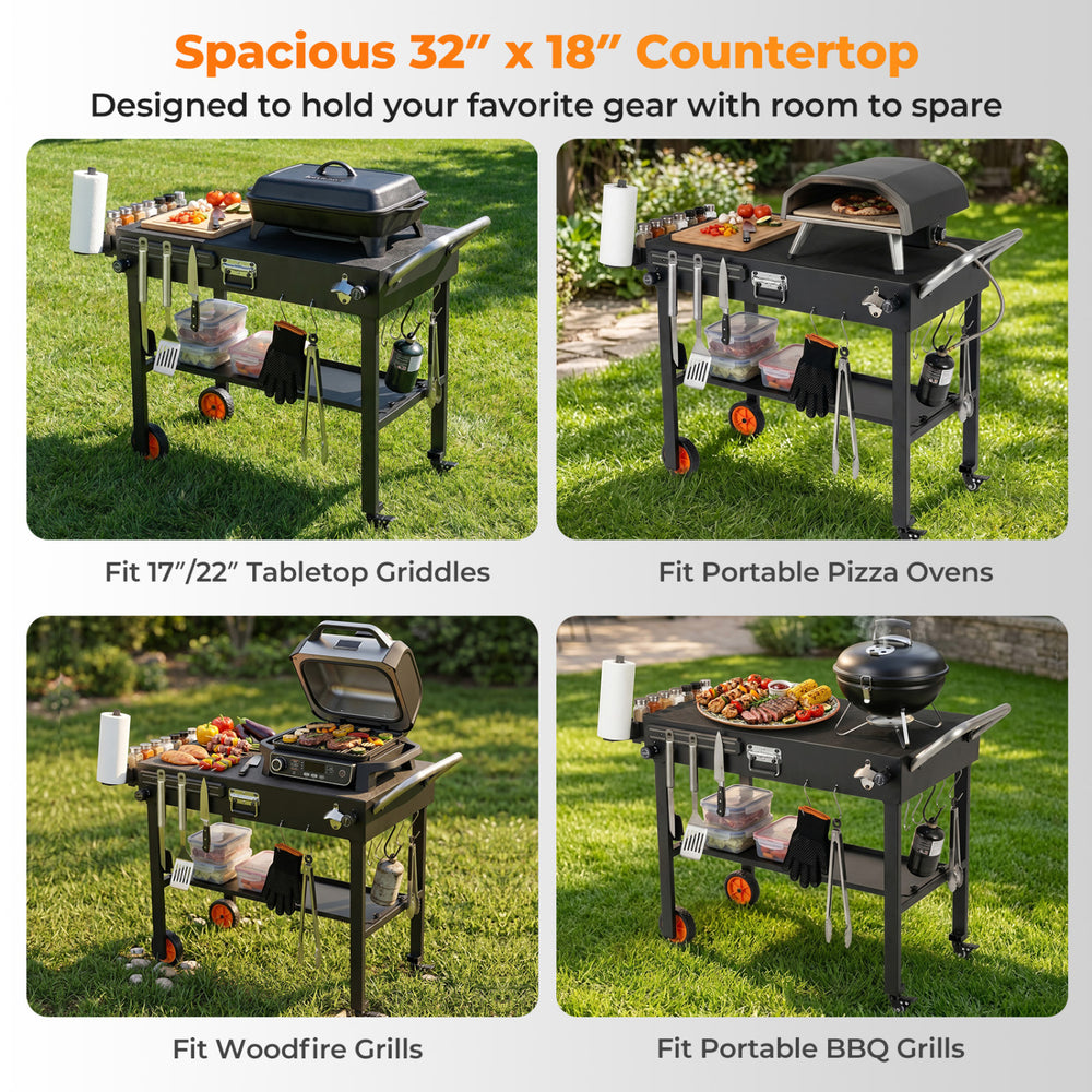 Folding grill cart features a spacious 32" x 18" countertop, designed for 17"/22" griddles and portable grills.