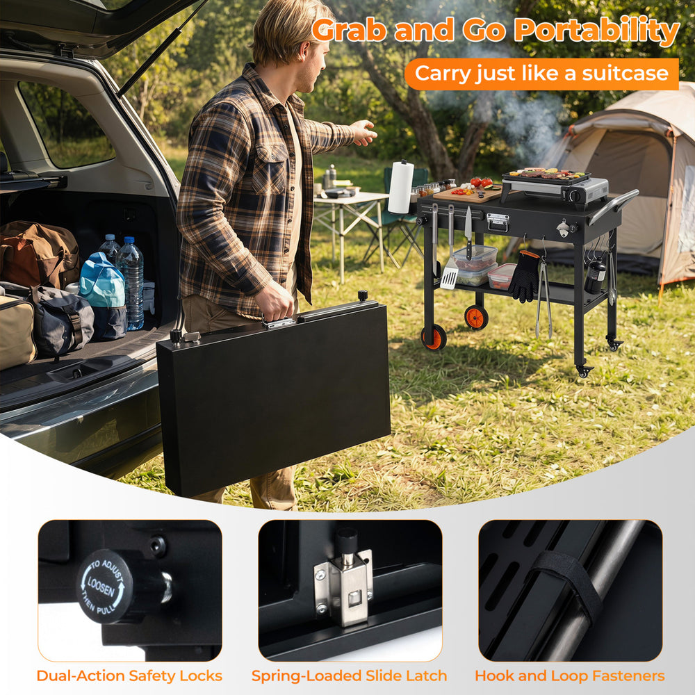 Folding grill cart with a spacious 32" x 18" countertop, designed for 17"/22" griddles, offers grab-and-go portability.