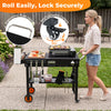 Folding grill cart with a spacious 32" x 18" countertop, 360° lockable casters, and ergonomic push handle for outdoor cooking.