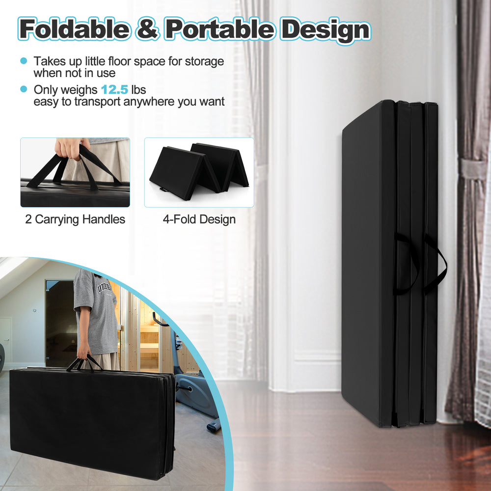 Folding gymnastics mat in black with carry handles, 4-fold design, ideal for yoga and martial arts, easy to transport.