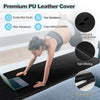Folding gymnastics mat in black with PU leather cover, featuring a waterproof surface and convenient carry handles.