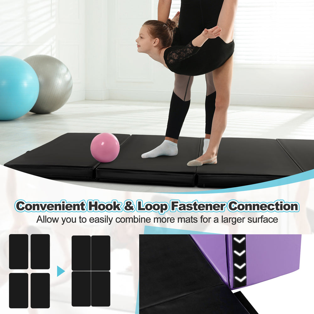 Folding gymnastics mat in black with hook and loop fastener, ideal for yoga, stretching, and martial arts practice.
