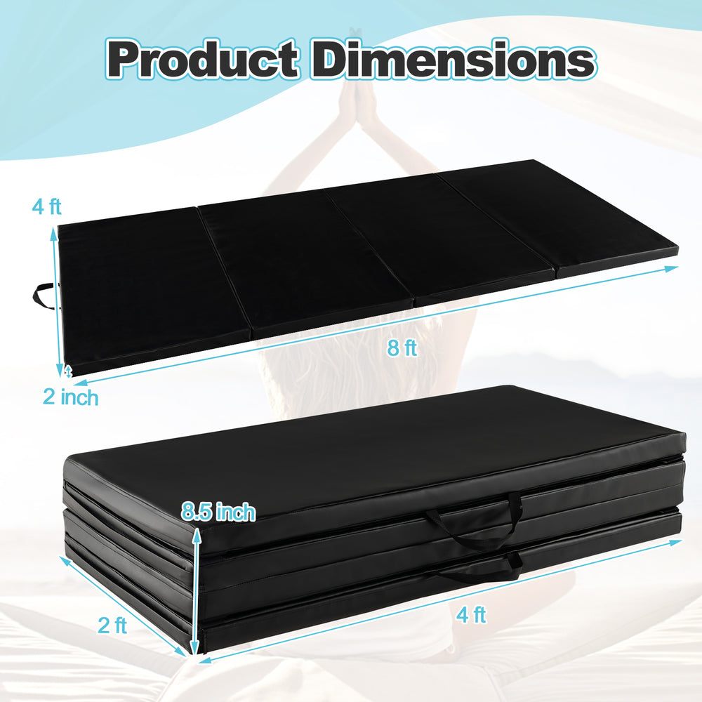 Folding gymnastics mat in black with dimensions shown, featuring a sweatproof PU leather cover and carry handles.