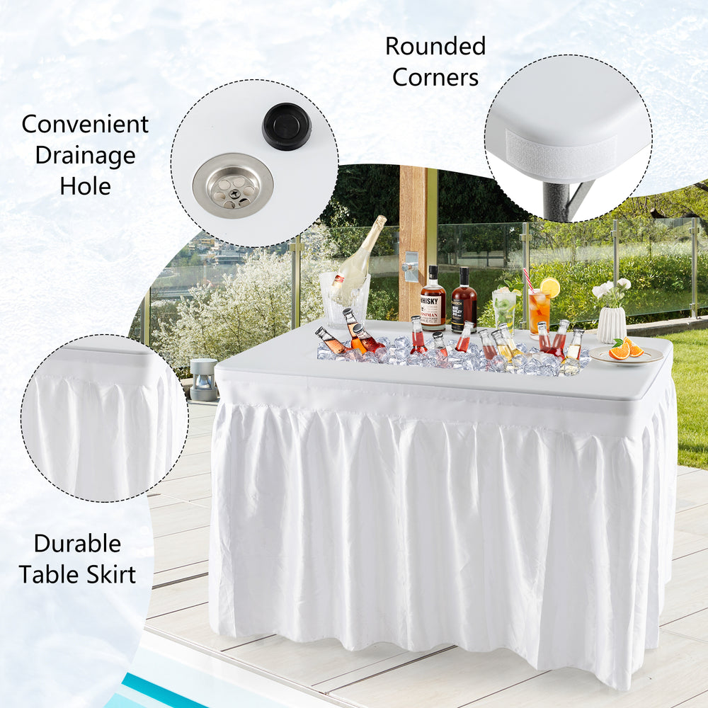 Folding ice bin table with skirt, featuring rounded corners and a drainage hole, perfect for camping and weddings.