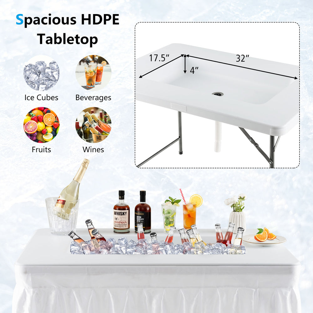 Folding ice bin table with spacious HDPE tabletop, featuring a quick drainage system, ideal for parties and weddings.