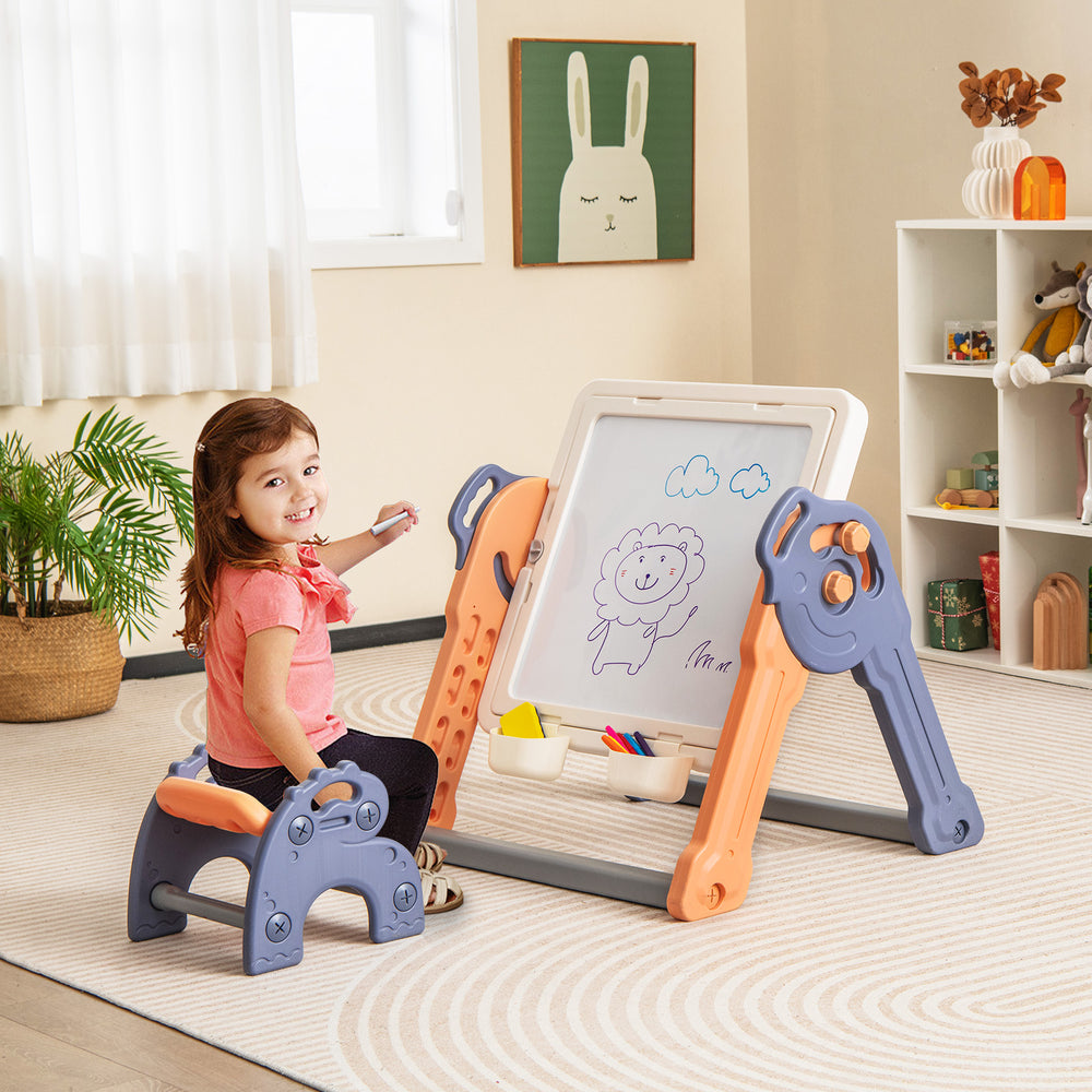Kids art easel with reversible building block tabletop, featuring adjustable angles and ample storage for creative play.