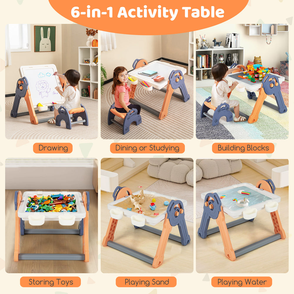6-in-1 kids activity table featuring a reversible building block tabletop, ideal for drawing, playing sand, and storing.