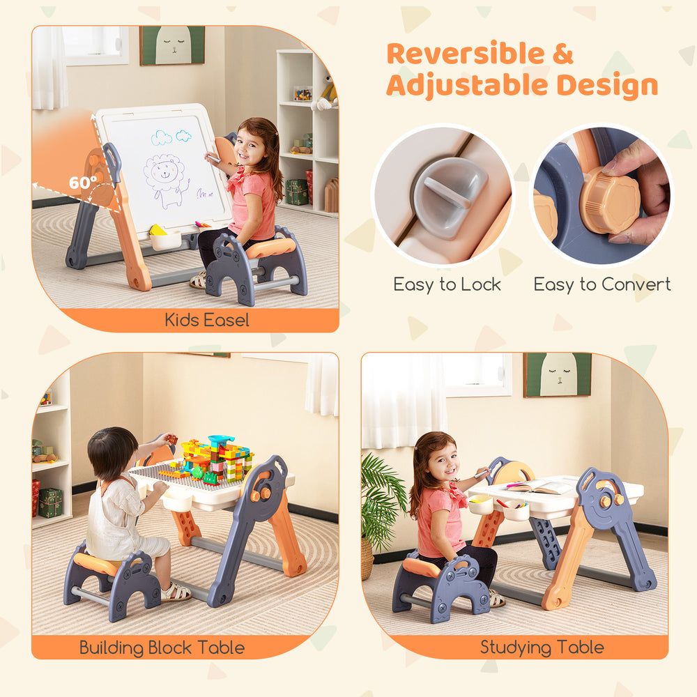 Kids art easel with reversible building block tabletop, adjustable 60° angle, perfect for drawing and studying.
