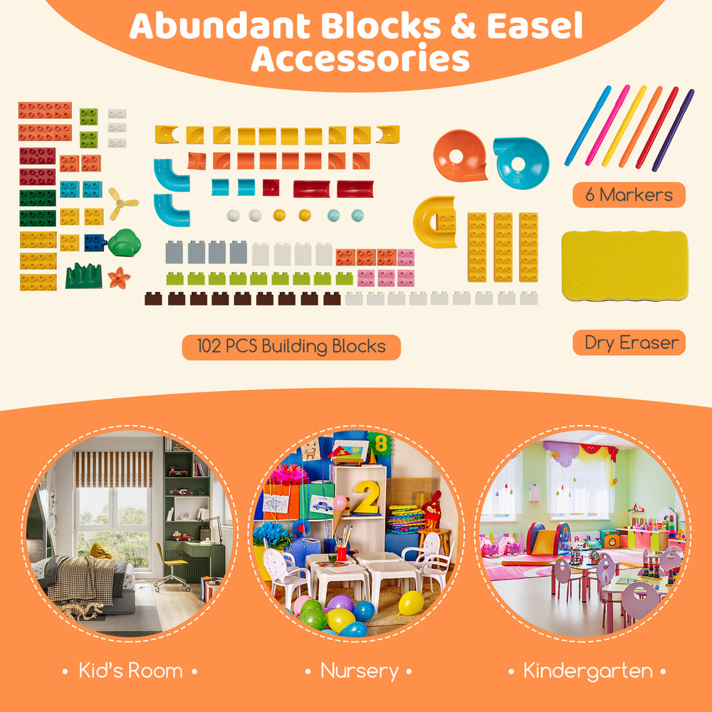Colorful building blocks and easel accessories for kids, ideal for art, play, and study in nursery or kindergarten.