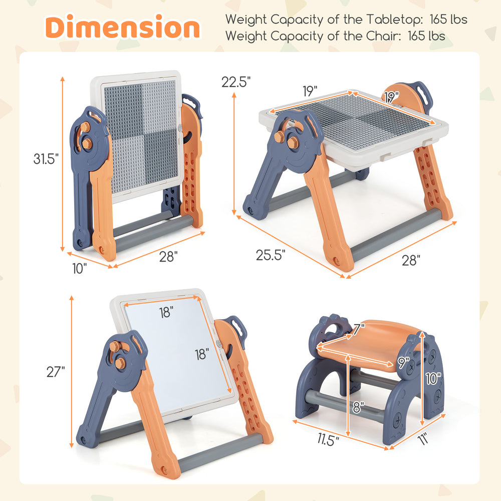 6-in-1 folding kids art easel with reversible tabletop, featuring adjustable angles and ample storage for creative play.