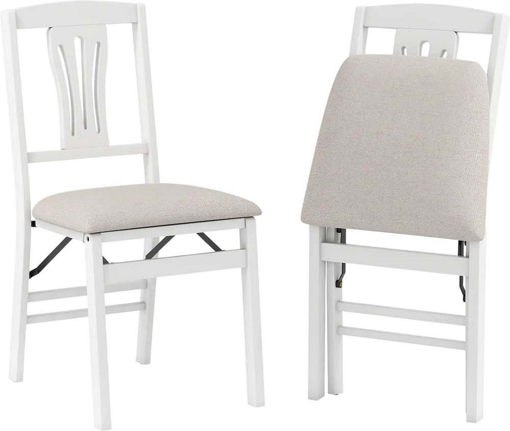 Set of 2 white folding kitchen chairs with upholstered padded seats, ergonomic backrest, and convenient storage feature.