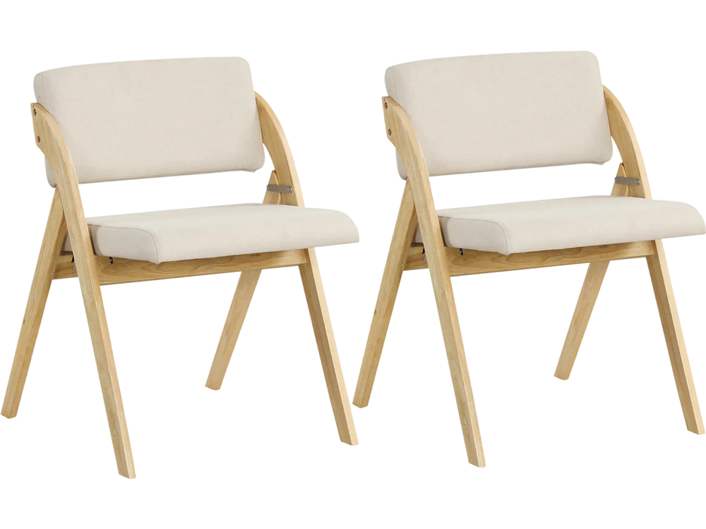 Set of 2 folding kitchen dining chairs with natural rubber wood legs and breathable fabric cushions for versatile use.