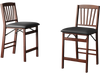 Set of 2 folding counter height chairs with padded seats in brown, designed for kitchen islands and easy storage.