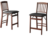 Set of 2 folding counter height chairs with padded seats in brown, designed for kitchen islands and easy storage.