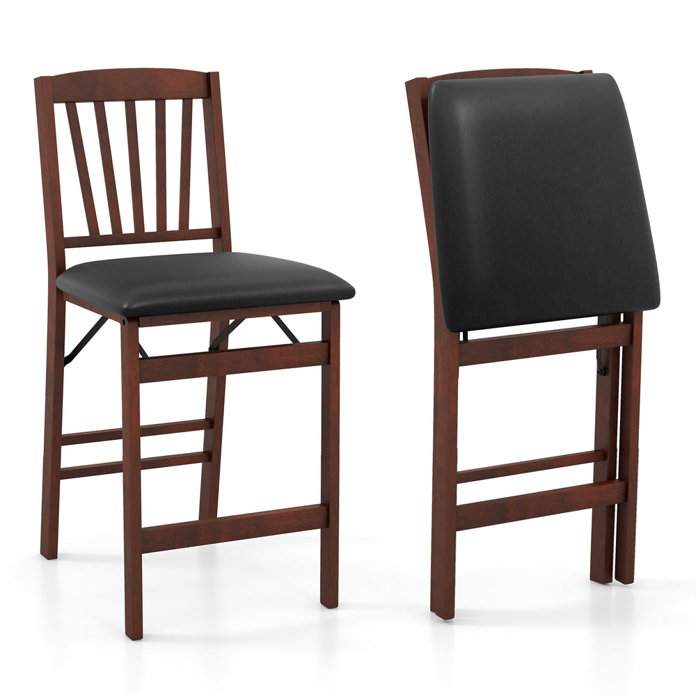 Set of 2 folding counter height chairs with padded seat, brown rubber wood legs, and ergonomic design for kitchen use.