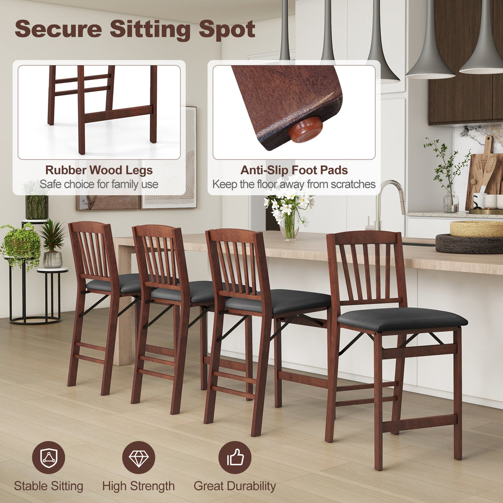 Set of 2 brown folding kitchen island stools with padded seats, rubber wood legs, and anti-slip foot pads for stability.