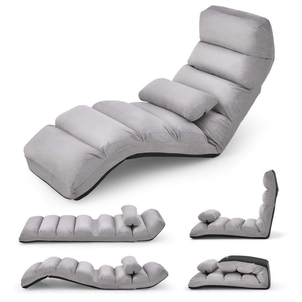 Folding lazy sofa couch in gray with adjustable positions and a pillow, perfect for gaming, TV, or reading.