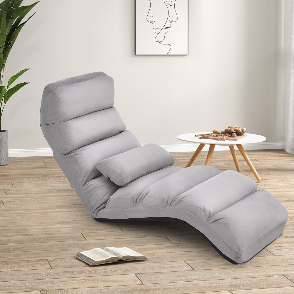 Folding lazy sofa couch in gray with adjustable positions and pillow, ideal for gaming, reading, or watching TV.
