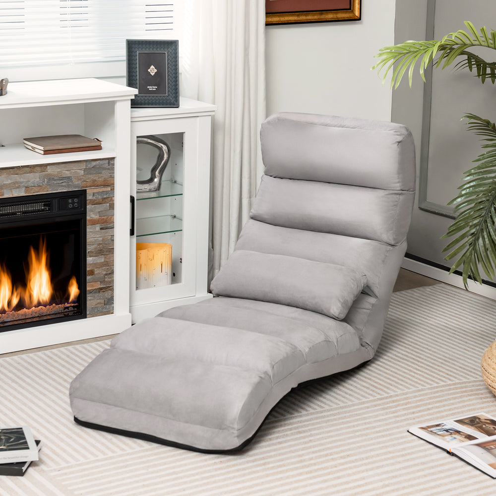 Folding lazy sofa couch in gray with adjustable positions and pillow, perfect for gaming or relaxing at home.