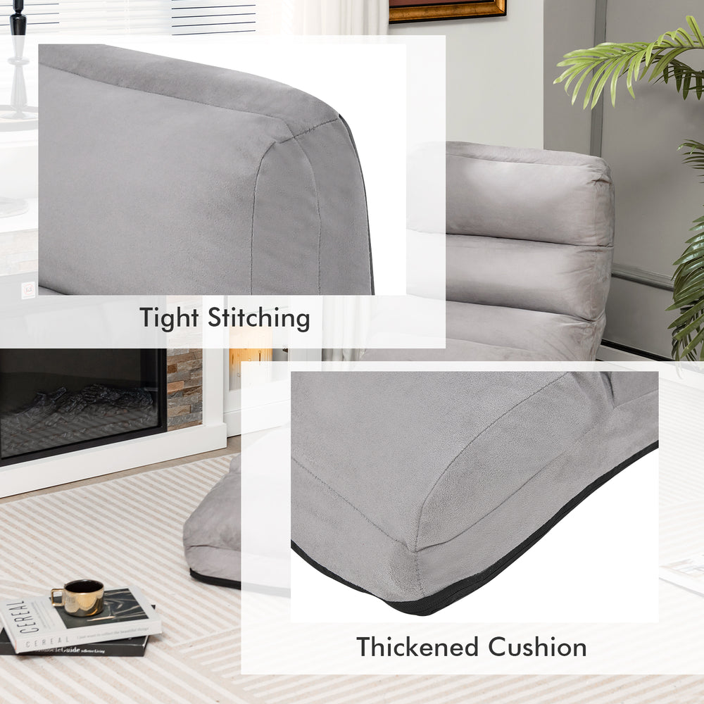 Close-up of the gray folding lazy sofa couch highlighting tight stitching and thickened cushion for added comfort.