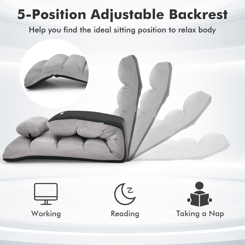 Folding lazy sofa couch in gray with adjustable backrest, perfect for gaming, reading, or watching TV.