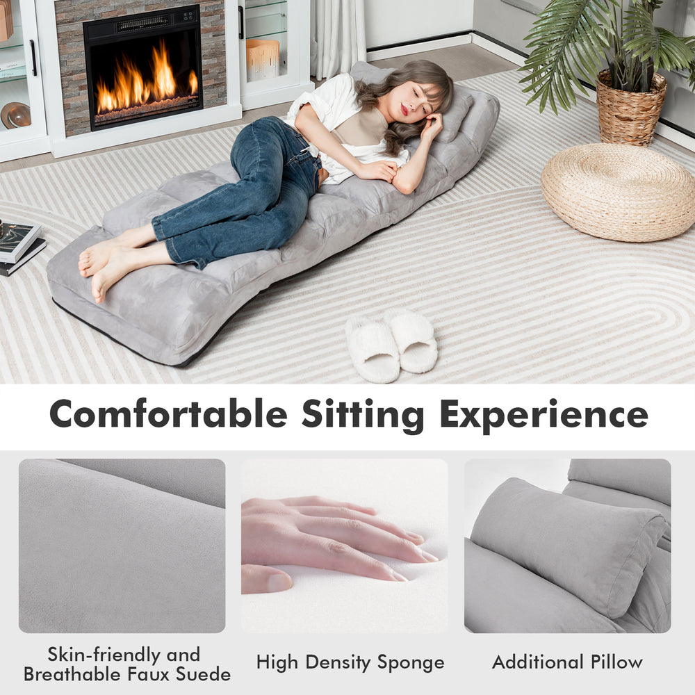 Folding lazy sofa couch in gray with pillow, featuring a durable steel frame and thick sponge for comfort, ideal for.