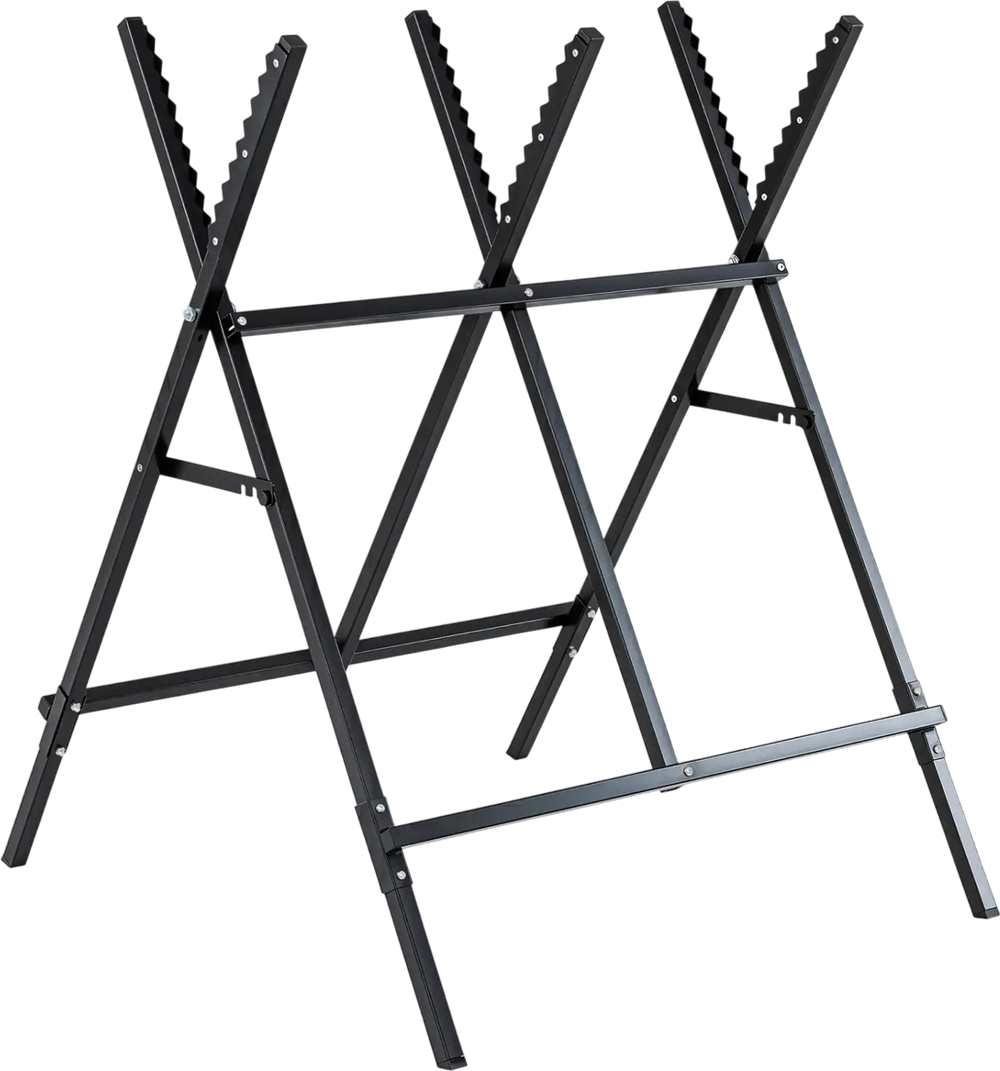 Folding log saw horse in black features anti-slip sawteeth and foot pads, designed for heavy-duty indoor and outdoor use.