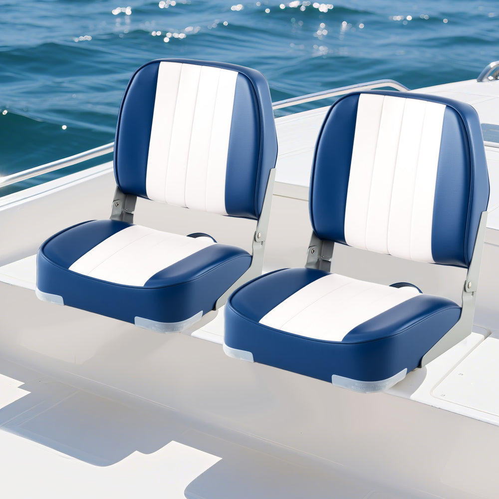 Folding low back boat seats in blue and white PVC leather, designed for comfort and weather resistance on water.