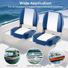 Folding low back boat seats in blue PVC leather, featuring thick cushions and ergonomic design for comfortable seating.