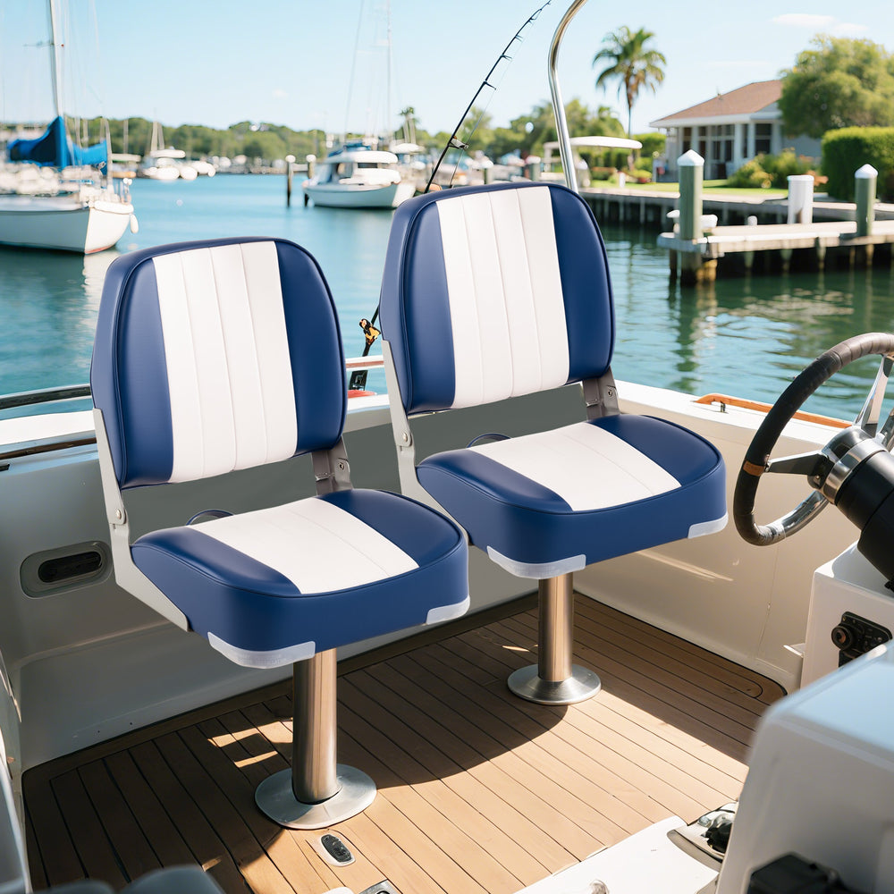 Folding low back boat seats in blue and white PVC leather, designed for comfort and waterproof durability on boats.