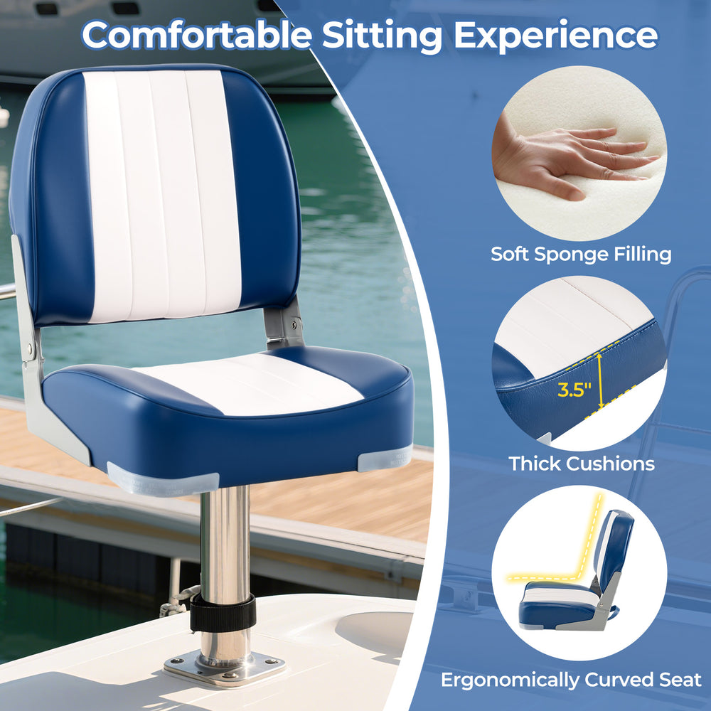 Folding low back boat chair in blue with thick cushions and ergonomic design for comfortable seating on boats.
