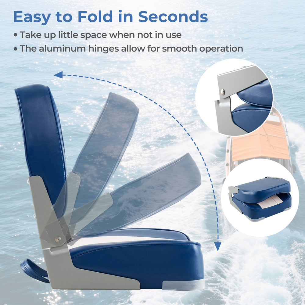 Folding low back boat chair in blue PVC leather with aluminum hinges for easy storage and smooth operation.