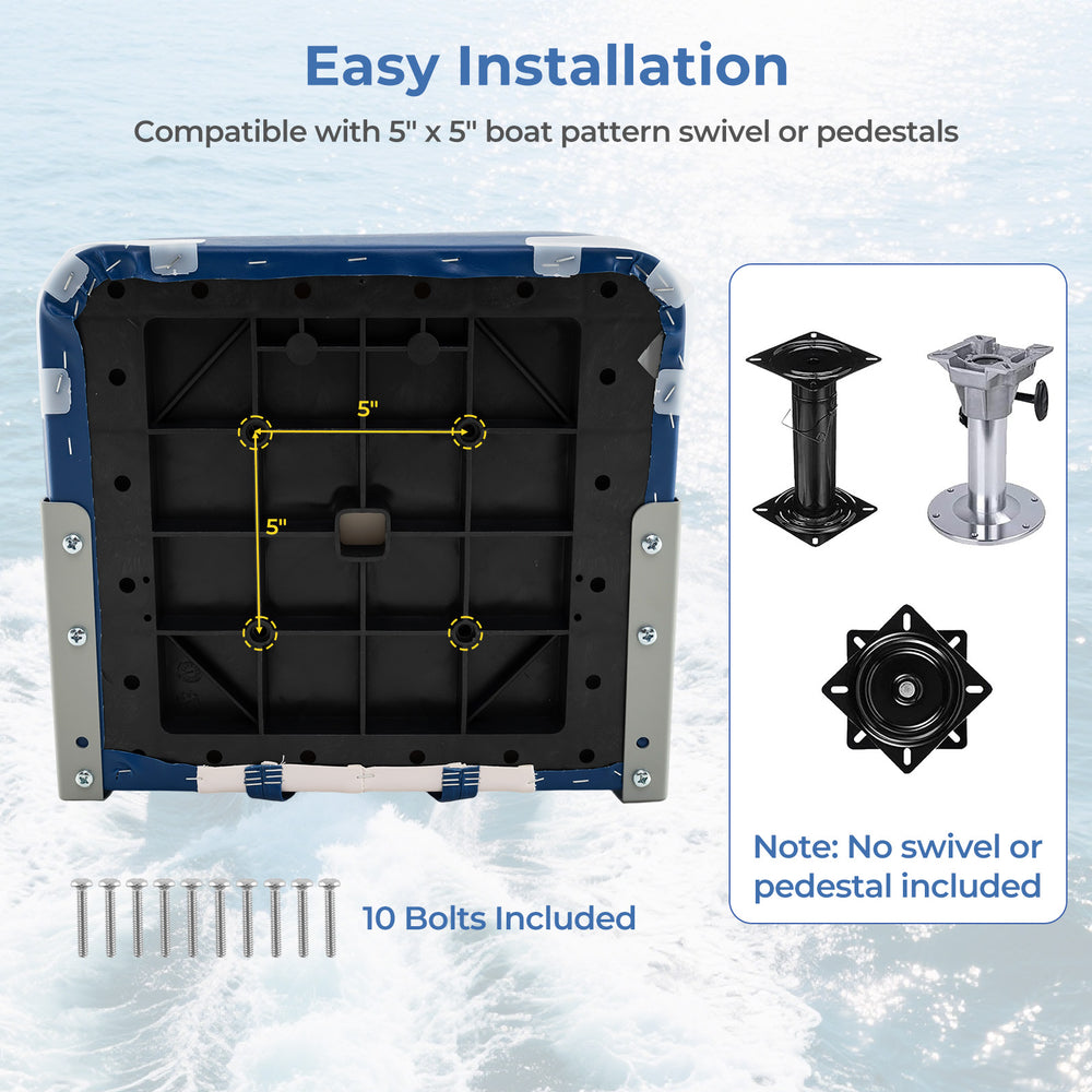 Folding low back boat chair base with 5" x 5" bolt pattern, includes 10 bolts for easy installation and strong support.