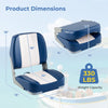 Folding low back boat chair in blue PVC leather, 330 lbs capacity, showcasing dimensions and ergonomic design.