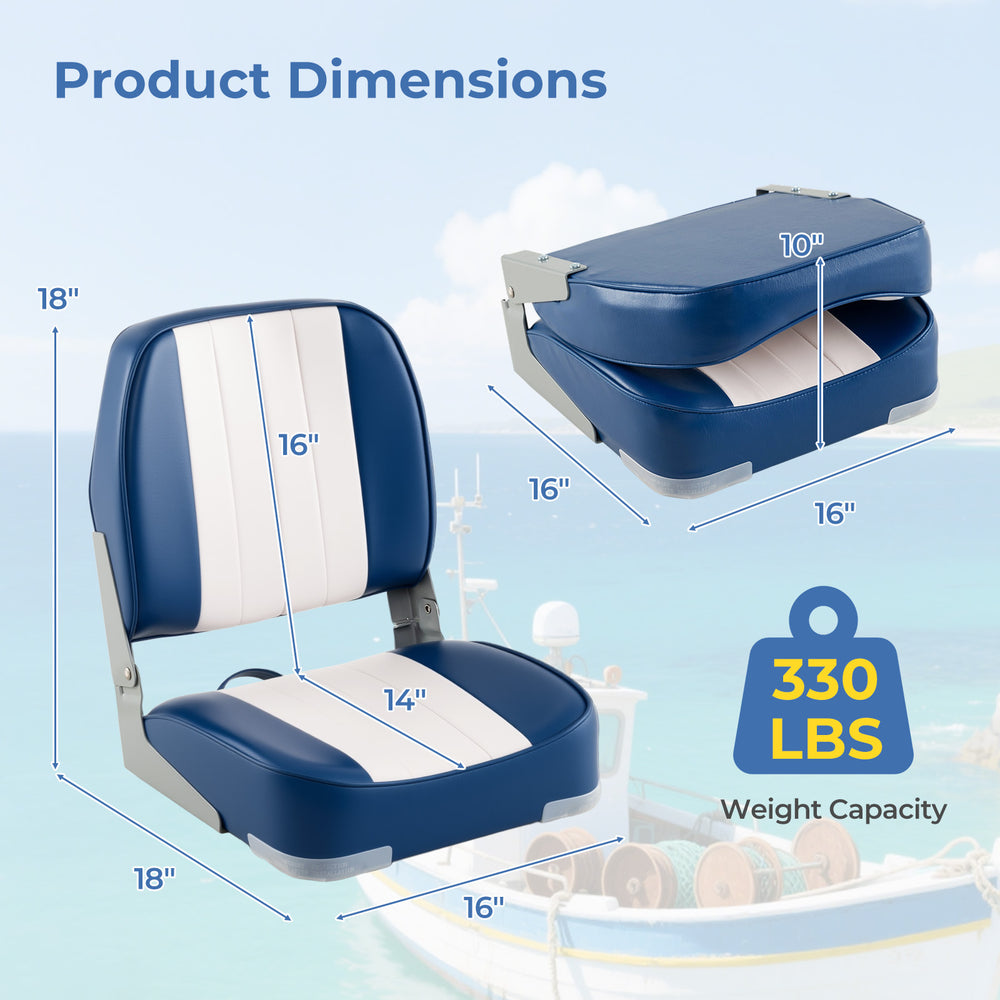 Folding low back boat chair in blue PVC leather, 330 lbs capacity, showcasing dimensions and ergonomic design.