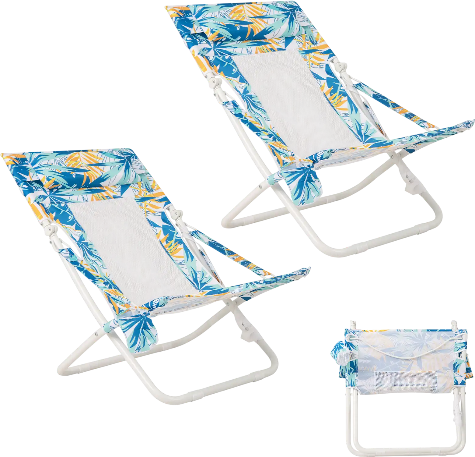 Costway Folding Low Beach Chair Set of 2 Patio Sling Chairs w/ Padded Head Pillow 87692790 New