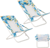 Folding low beach chair set of 2 with blue tropical pattern, padded head pillow, and cup holder for outdoor comfort.