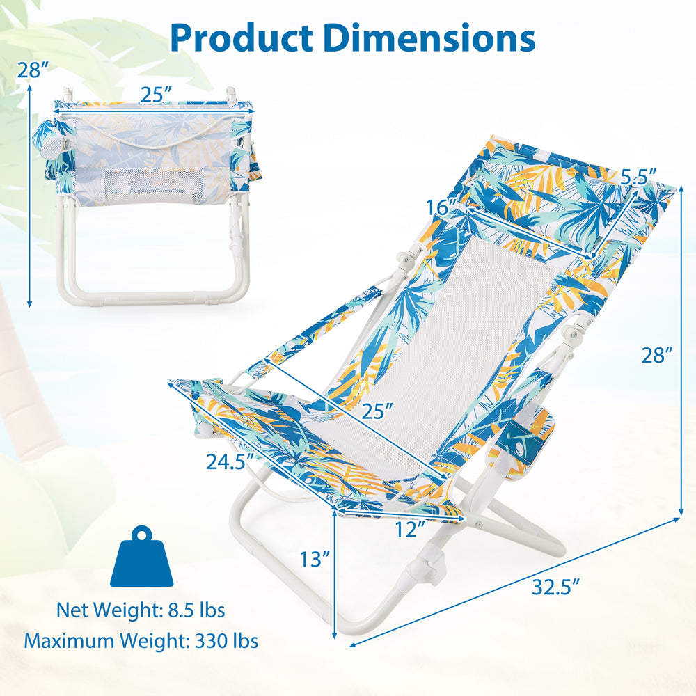 Dimensions of the Folding Low Beach Chair set, featuring a blue design, padded head pillow, and durable materials for.