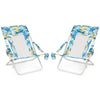 Set of 2 folding low beach chairs with tropical print, padded headrest, and cup holder for comfortable outdoor lounging.